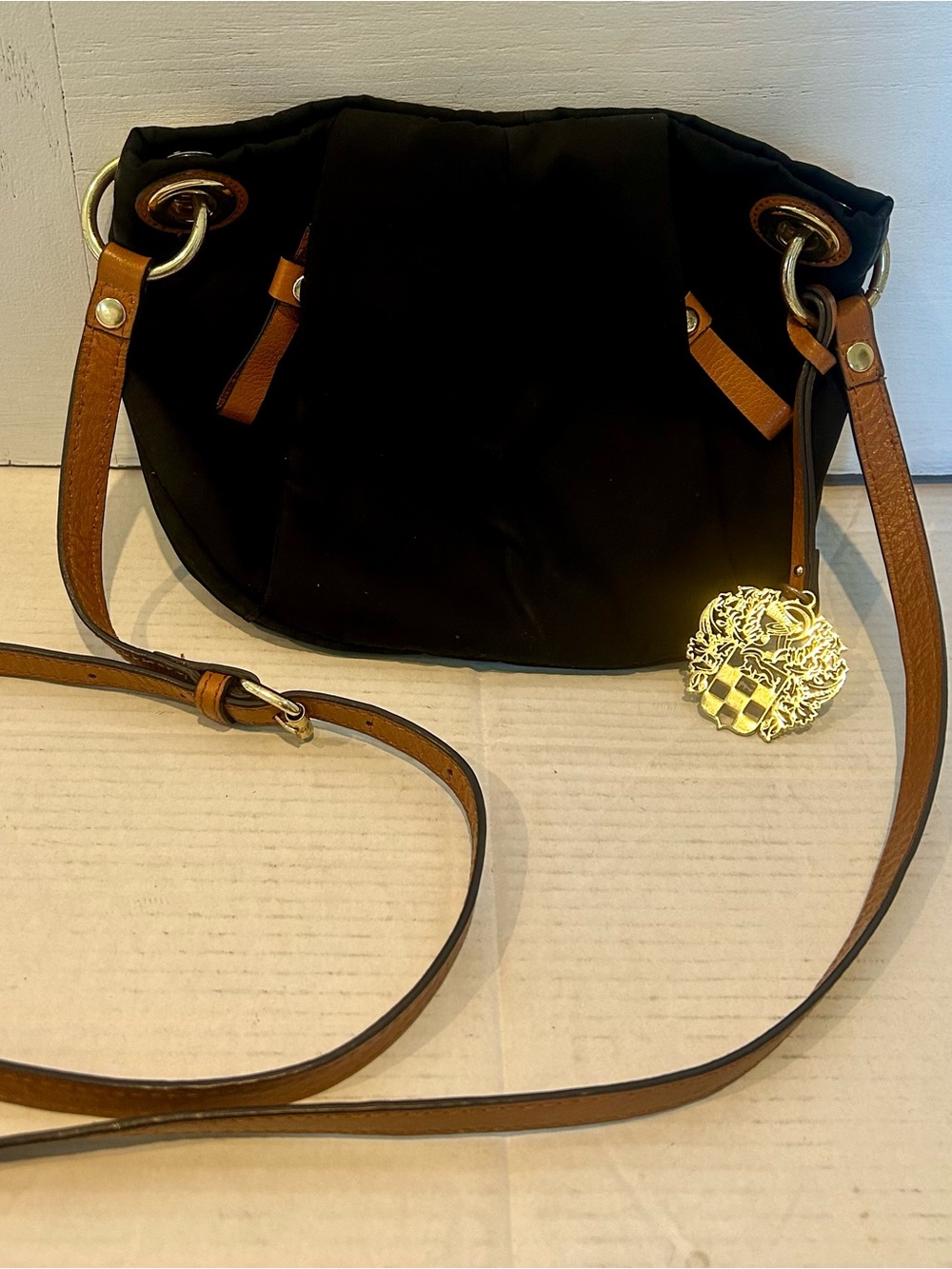 Vince Camuto Black Nylon Crossbody with Tan Leather Trim & Gold Charm